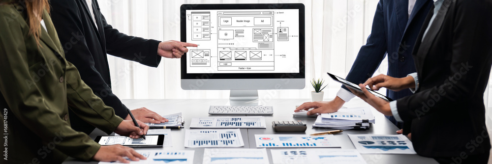 Poster panorama shot analyst team utilizing bi fintech to analyze financial report with laptop. businesspeo