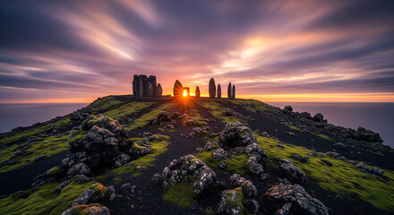 Obraz premium Ancient Volcanic Island with Mossy Observatory at Golden Hour Sunset