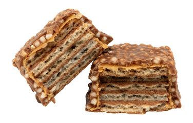 Chocolate bar broken into pieces on a white background. Waffles.Waffle bar with nuts