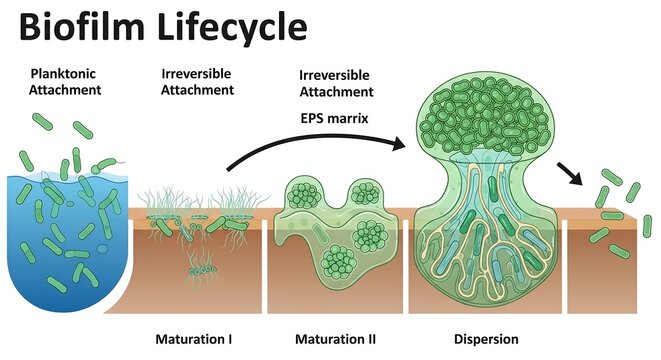 Scientific diagram illustrating the stages of bacterial biofilm development, from initial planktonic attachment to maturation and final dispersal