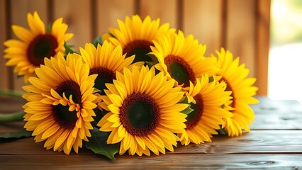 Fototapeta premium Sunflowers on a rustic wooden surface with warm golden tones and a softly blurred background.
