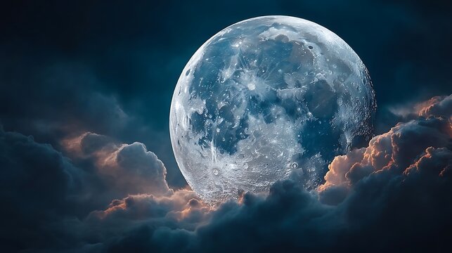 the scene features a large, detailed lunar sphere set against a dark, blue sky - Powered by Adobe