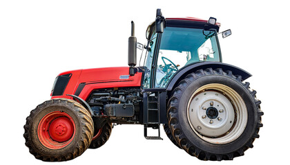 Obraz premium An old red agricultural tractor isolated on a white background