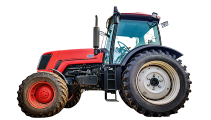 An old red agricultural tractor isolated on a white background