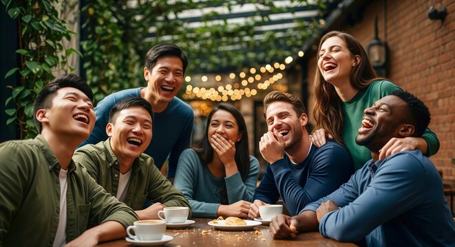 Diverse Group of Friends Laughing and Enjoying Coffee at an Outdoor Cafe