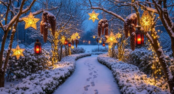 Enchanted Snowy Garden Path Illuminated by Festive Lights and Stars - Powered by Adobe