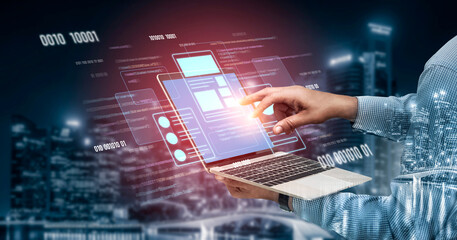 UI UX mockup showing application layout, structure, and code interface. UI design defines user flow, UI design improves clarity, UI design enhances experience, and UX design supports logic. Vouch