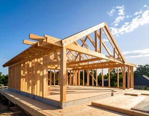 Wooden house frame under construction, sunny day