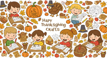 Thanksgiving Vector Illustrations on White Background – Family, Feast, and Autumn Decorations