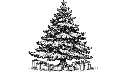 A vintage-style illustration of a Christmas tree with gifts, showcasing intricate details and a classic holiday theme.