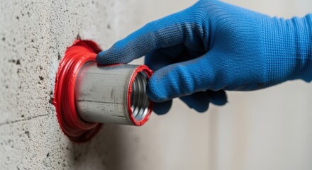 Professional checking cured firestop sealant around metal pipe penetration highlighting seamless sealing and compliance with safety standards.