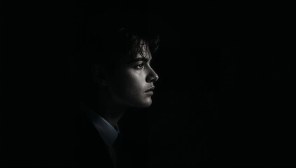 Dramatic profile portrait of a person in deep shadow