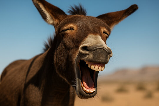 Hilarious donkey caught in a moment of uncontrollable hysterical laughter in a desert landscape