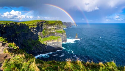A dramatic landscape view of the Cliffs of Moher, Ireland, featuring a vibrant double rainbow arching over the rugged coastline.