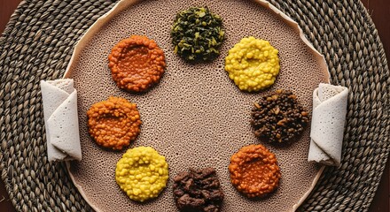 A vibrant and colorful ethiopian meal served on injera, featuring a variety of stews and vegetables arranged in a circular pattern with rolled injera on the sides, showcasing traditional cuisine