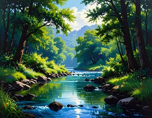 Obraz premium Serene river scene in a lush forest