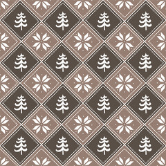 Square Christmas Pattern with Fir Trees, Flowers. Seamless Print. Christmas Background with Winter Elements. Merry Christmas and Happy New Year Design. Vector illustration in Brown, Beige, White