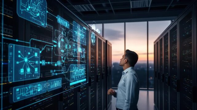 Man in server room analyzing digital data, using technology, network, internet, computing. Data center engineer. Information technology, futuristic interface, cloud computing concept. - Powered by Adobe