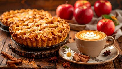 A delightful image showcasing a warm, autumnal scene with a delicious  pie and a latte art coffee, evoking a cozy and comforting mood.