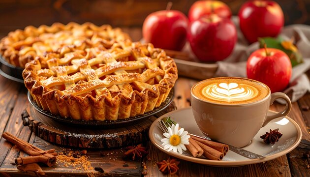 A delightful image showcasing a warm, autumnal scene with a delicious  pie and a latte art coffee, evoking a cozy and comforting mood.