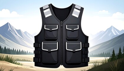A black, functional vest with multiple pockets is showcased against a serene mountain landscape.