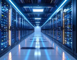A long corridor of server racks bathed in cool, blue light, showcasing rows of technological equipment.