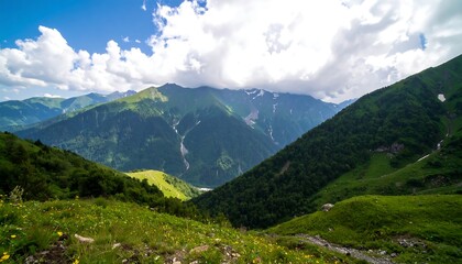Fototapeta premium Lush mountain valley under a partly cloudy sky