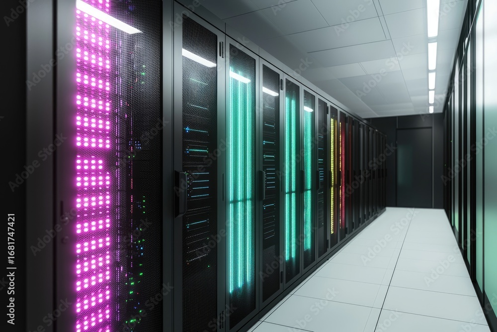 Aufkleber 3d render of modern server room with colorful glowing racks, symbolizing cloud computing, ai data pr