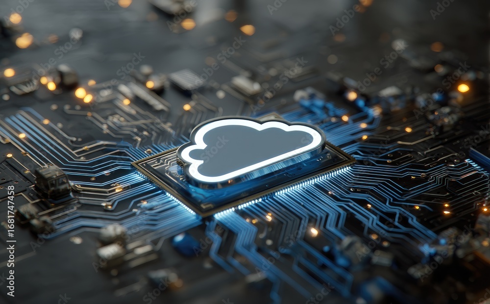 Poster 3d render of glowing cloud icon on circuit board, symbolizing cloud computing, data technology, and 