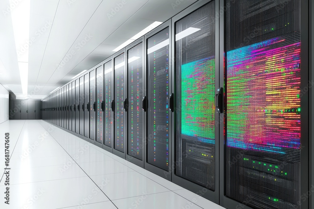 Poster 3d render of futuristic data center with glowing server cabinets, symbolizing cloud computing, ai pr