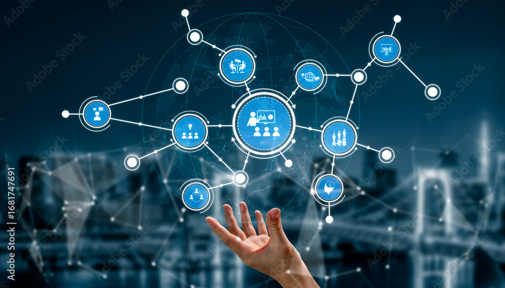 Poster visual representation of digital connection with a hand reaching towards interactive icons, symboliz