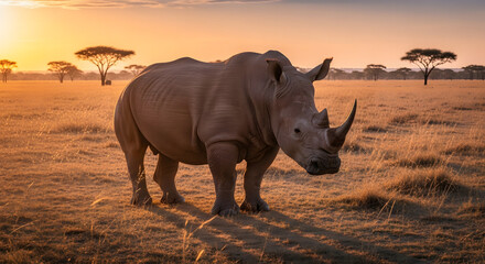 Fototapeta premium Rhinoceros in golden sunrise savanna