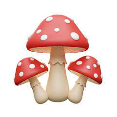 Three cartoonstyle red mushrooms with white spots, isolated on a transparent background, perfect for fantasy or childrens themes