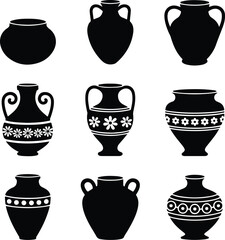 Decorative Pot Silhouette Icon Vector Set Traditional and Modern Decorative Pot Black Silhouette Design