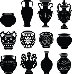 Decorative Pot Silhouette Icon Vector Set Traditional and Modern Decorative Pot Black Silhouette Design