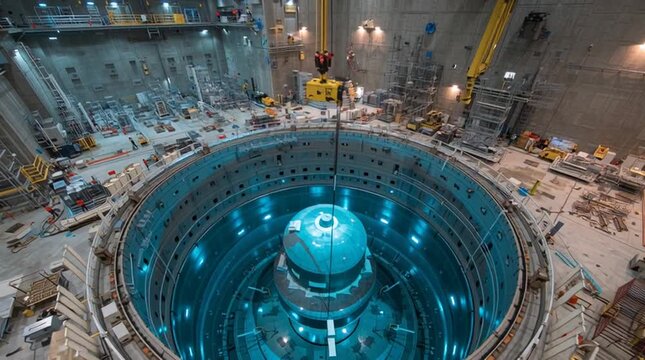 Cinematic view inside containment building as a massive cylindrical reactor pressure vessel is precisely lowered into place by overhead crane, symbolizing nuclear energy and engineering precision.