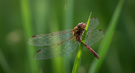 Dragonfly perched on a blade of grass in soft focus.