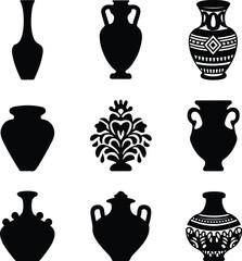 Decorative Pot Silhouette Icon Vector Set Traditional and Modern Decorative Pot Black Silhouette Design