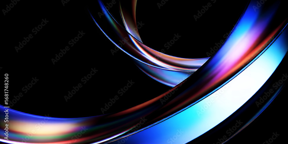 Poster abstract rendering of iridescent curved shapes against a stark black background space art