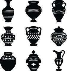 Decorative Pot Silhouette Icon Vector Set Traditional and Modern Decorative Pot Black Silhouette Design