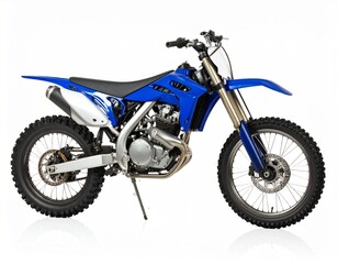 A sleek blue motocross bike with modern design and powerful frame, shown on a clean white background