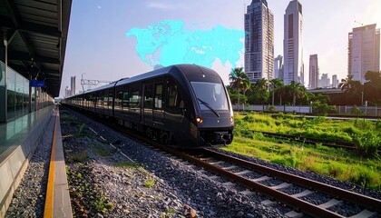 Sleek modern commuter train arriving at an outdoor station with a city skyline in the background.