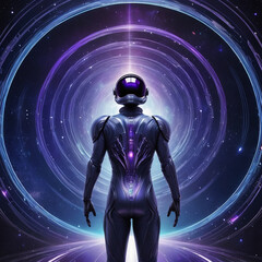 Futuristic astronaut standing in glowing cosmic portal – sci-fi concept