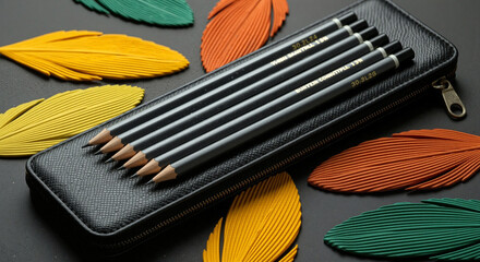 Black pencils in case with colorful decorative leaves.