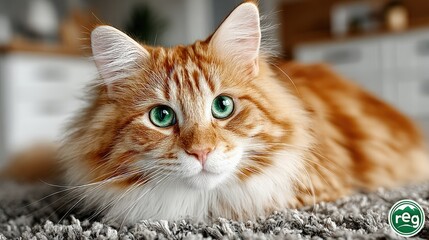 Close-up of a ginger cat with emerald green eyes, lying on a textured gray carpet, in a blurred home interior