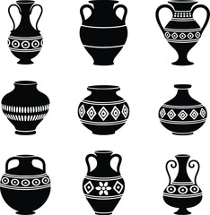 Decorative Pot Silhouette Icon Vector Set Traditional and Modern Decorative Pot Black Silhouette Design