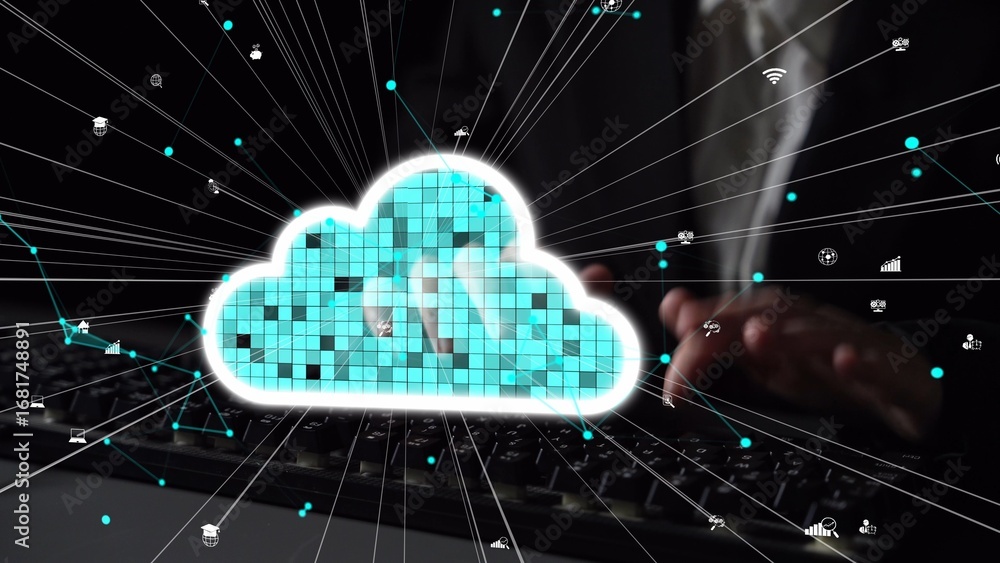 Aufkleber visual representation of a digital cloud computing concept with flowing data and technology symbols,
