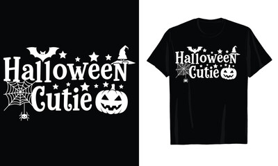 Black Halloween T-Shirt Design Cute Spooky Graphic with Bats, Spiderweb, Pumpkin, and Witch Hat.