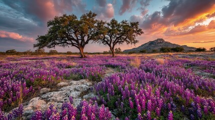 Fototapeta premium Vast field of vibrant purple wildflowers under a dramatic sunset sky with two large trees