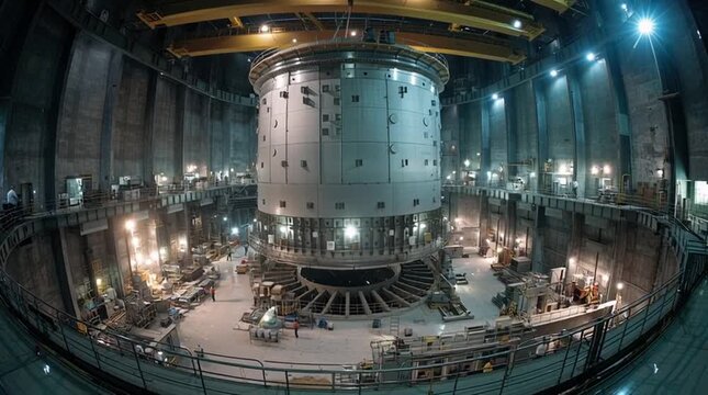 Cinematic view inside containment building as a massive cylindrical reactor pressure vessel is precisely lowered into place by overhead crane, symbolizing nuclear energy and engineering precision.